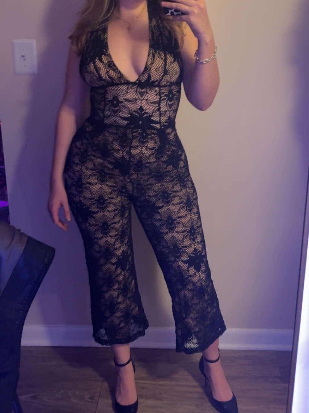 Free People Black Lace V-Neck Cropped Jumpsuit - Picture 8 of 8